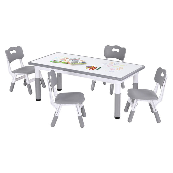 Keezi Kids Table and 4 Chairs Set Height Adjustable Toddler Desk and Chair Set for Ages 3-8, Children Activity Table with Graffiti Desktop for Learning Drawing Playing, Grey Awezingly