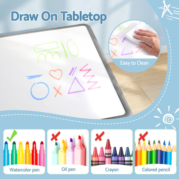 Keezi Kids Table and 4 Chairs Set Height Adjustable Toddler Desk and Chair Set for Ages 3-8, Children Activity Table with Graffiti Desktop for Learning Drawing Playing, Grey Awezingly