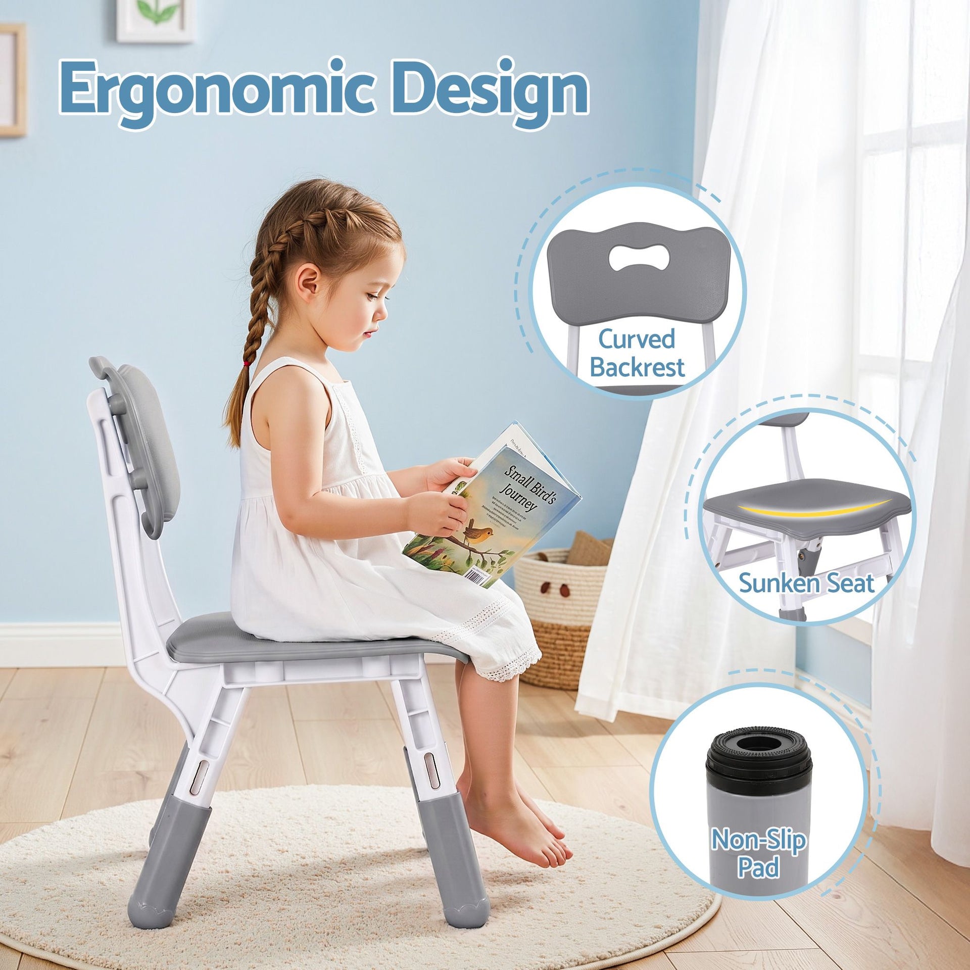 Keezi Kids Table and 4 Chairs Set Height Adjustable Toddler Desk and Chair Set for Ages 3-8, Children Activity Table with Graffiti Desktop for Learning Drawing Playing, Grey Awezingly