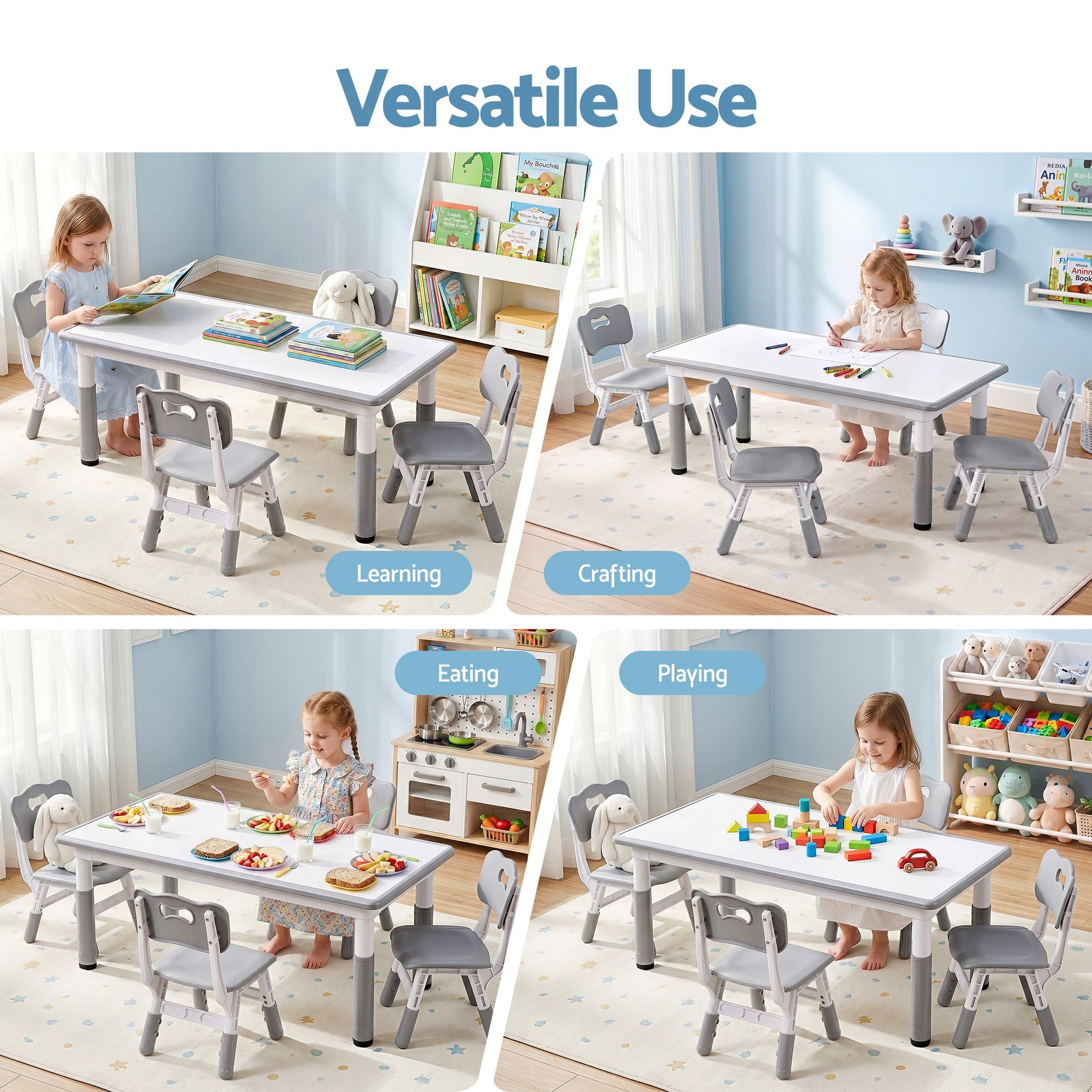 Keezi Kids Table and 4 Chairs Set Height Adjustable Toddler Desk and Chair Set for Ages 3-8, Children Activity Table with Graffiti Desktop for Learning Drawing Playing, Grey Awezingly