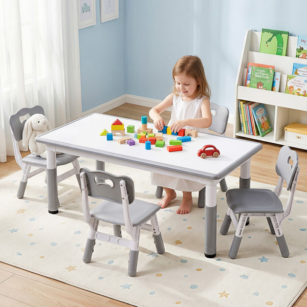 Keezi Kids Table and 4 Chairs Set Height Adjustable Toddler Desk and Chair Set for Ages 3-8, Children Activity Table with Graffiti Desktop for Learning Drawing Playing, Grey Awezingly