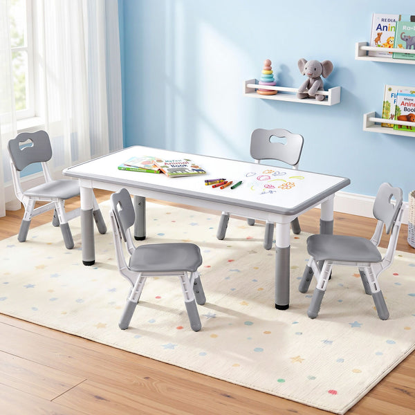 Keezi Kids Table and 4 Chairs Set Height Adjustable Toddler Desk and Chair Set for Ages 3-8, Children Activity Table with Graffiti Desktop for Learning Drawing Playing, Grey Awezingly