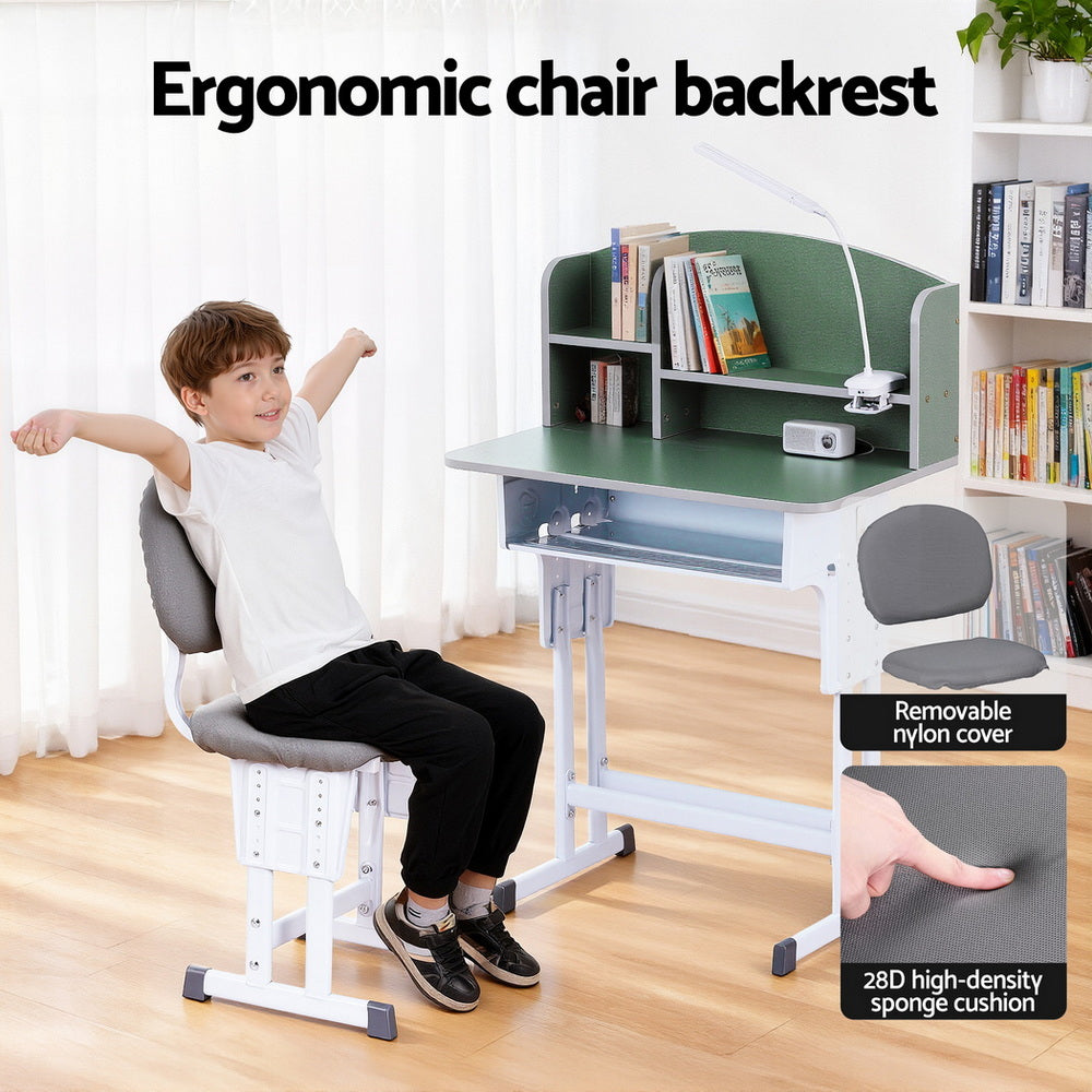Keezi Kids Study Desk Chair Set Adjustable Ergonomic Table LED Lamp Green Awezingly