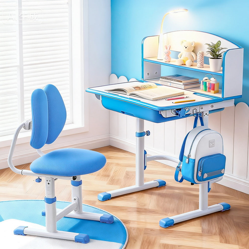 Keezi Kids Study Desk Chair Set Adjustable Ergonomic Table LED Lamp Blue Awezingly