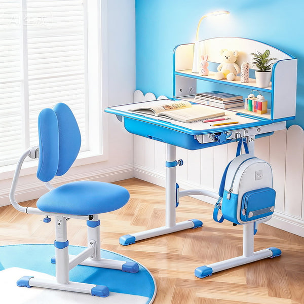 Keezi Kids Study Desk Chair Set Adjustable Ergonomic Table LED Lamp Blue Awezingly