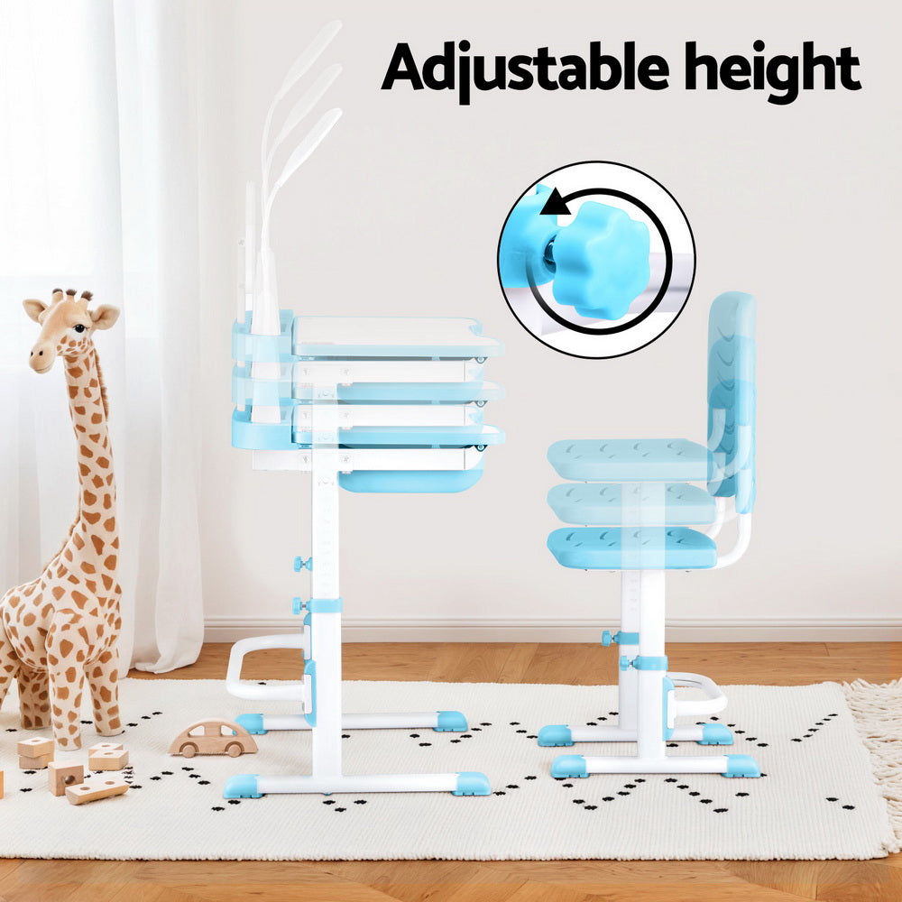 Keezi Kids Table and Chair Set Adjustable Study Desk w/ LED Lamp Reading Blue Awezingly
