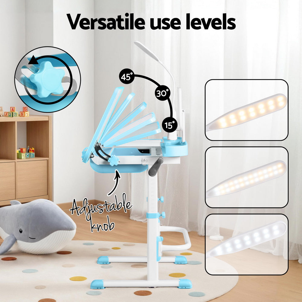 Keezi Kids Table and Chair Set Adjustable Study Desk w/ LED Lamp Reading Blue Awezingly