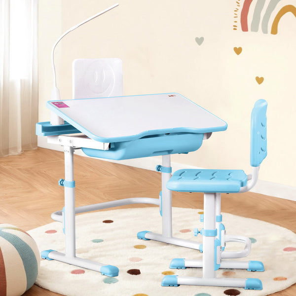 Keezi Kids Table and Chair Set Adjustable Study Desk w/ LED Lamp Reading Blue Awezingly