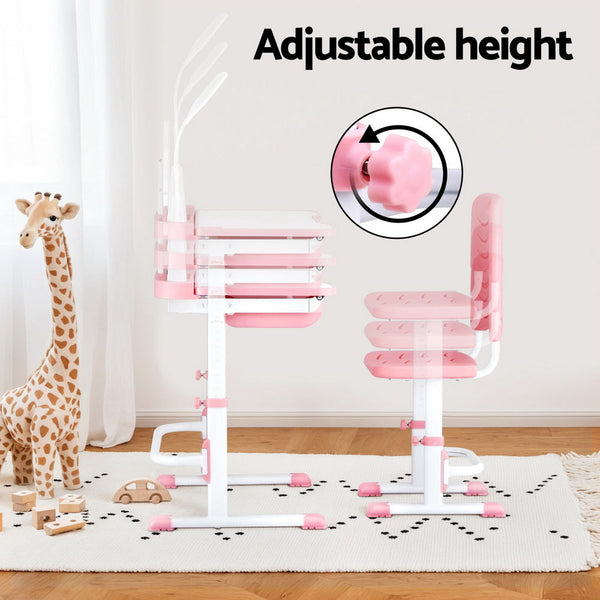 Keezi Kids Table and Chair Set Adjustable Study Desk w/ LED Lamp Reading Pink Awezingly