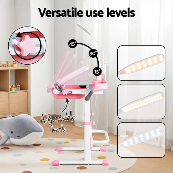 Keezi Kids Table and Chair Set Adjustable Study Desk w/ LED Lamp Reading Pink Awezingly