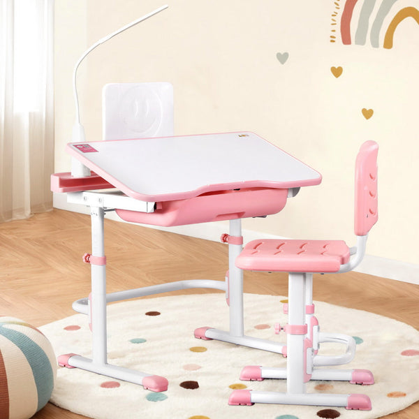 Keezi Kids Table and Chair Set Adjustable Study Desk w/ LED Lamp Reading Pink Awezingly