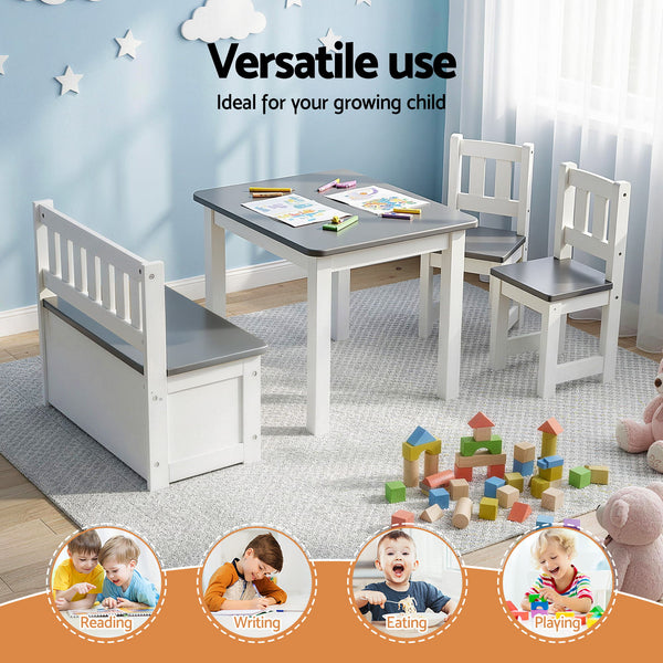 Keezi 2 in 1 Kids Table and Chair Set, Activity Table with Storage Bench and 2 Chairs for Reading, Drawing, Writing, Snack Time & Arts Crafts, 4 PCS Toddler Table and Chair Set, Grey Awezingly