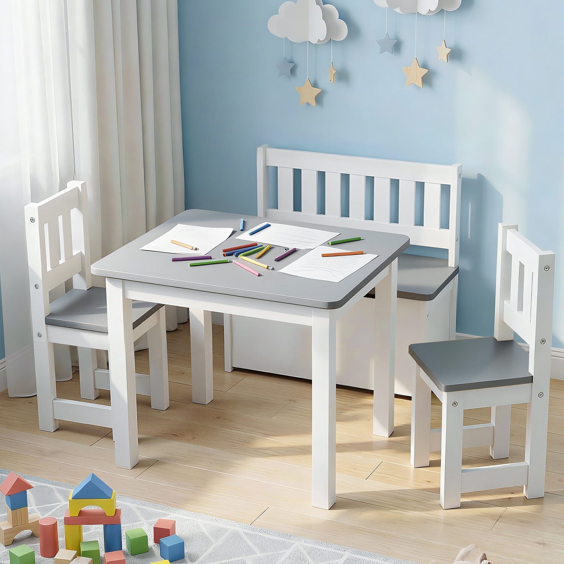 Keezi 2 in 1 Kids Table and Chair Set, Activity Table with Storage Bench and 2 Chairs for Reading, Drawing, Writing, Snack Time & Arts Crafts, 4 PCS Toddler Table and Chair Set, Grey Awezingly
