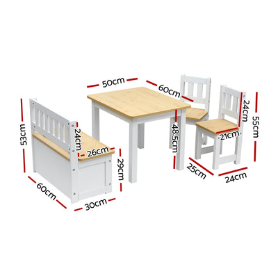 Keezi 2 in 1 Kids Table and Chair Set, Activity Table with Storage Bench and 2 Chairs for Reading, Drawing, Writing, Snack Time & Arts Crafts, 4 PCS Toddler Table and Chair Set, Natural