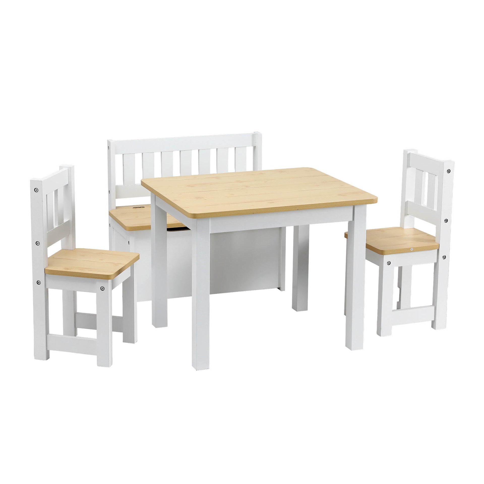 Keezi 2 in 1 Kids Table and Chair Set, Activity Table with Storage Bench and 2 Chairs for Reading, Drawing, Writing, Snack Time & Arts Crafts, 4 PCS Toddler Table and Chair Set, Natural Awezingly