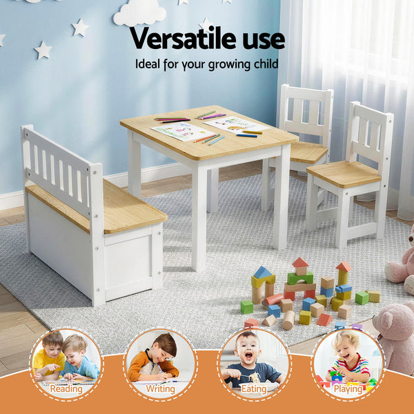 Keezi 2 in 1 Kids Table and Chair Set, Activity Table with Storage Bench and 2 Chairs for Reading, Drawing, Writing, Snack Time & Arts Crafts, 4 PCS Toddler Table and Chair Set, Natural Awezingly