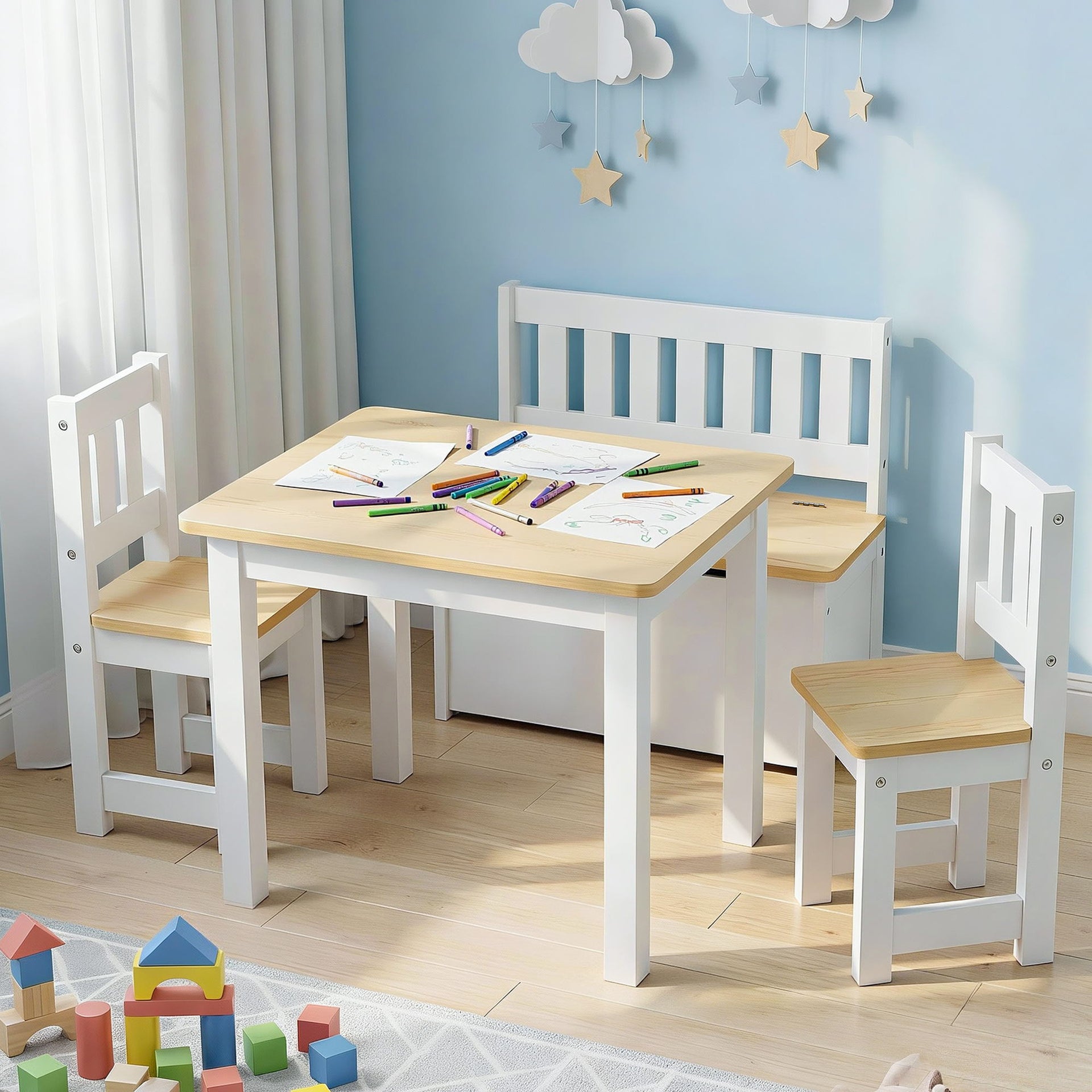 Keezi 2 in 1 Kids Table and Chair Set, Activity Table with Storage Bench and 2 Chairs for Reading, Drawing, Writing, Snack Time & Arts Crafts, 4 PCS Toddler Table and Chair Set, Natural Awezingly