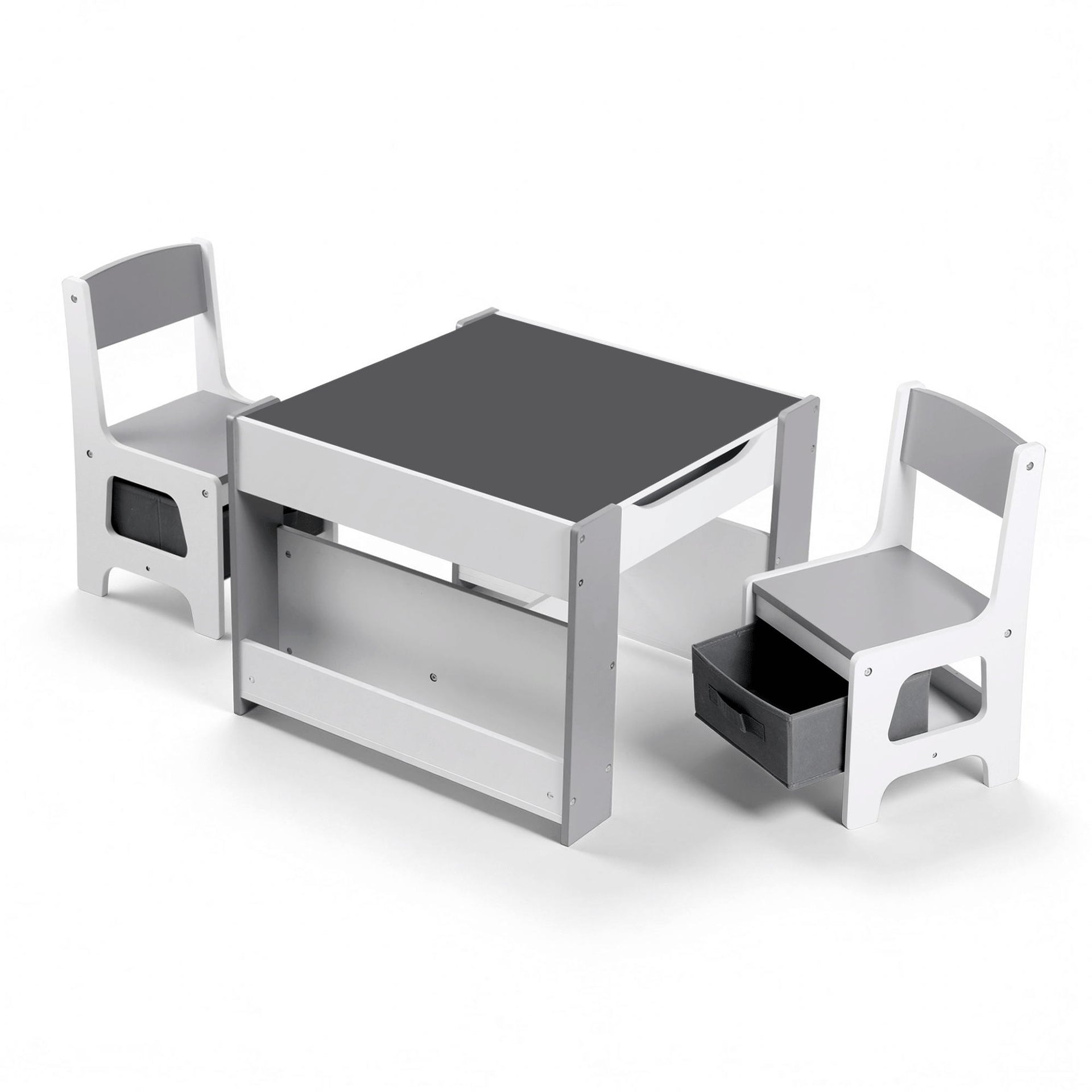 Keezi Kids Table and Chair Set, 4 in 1 Wooden Activity Table with Bookcase, Storage Box and Detachable Blackboard, Toddler Table and 2 Chairs Set, Grey Awezingly