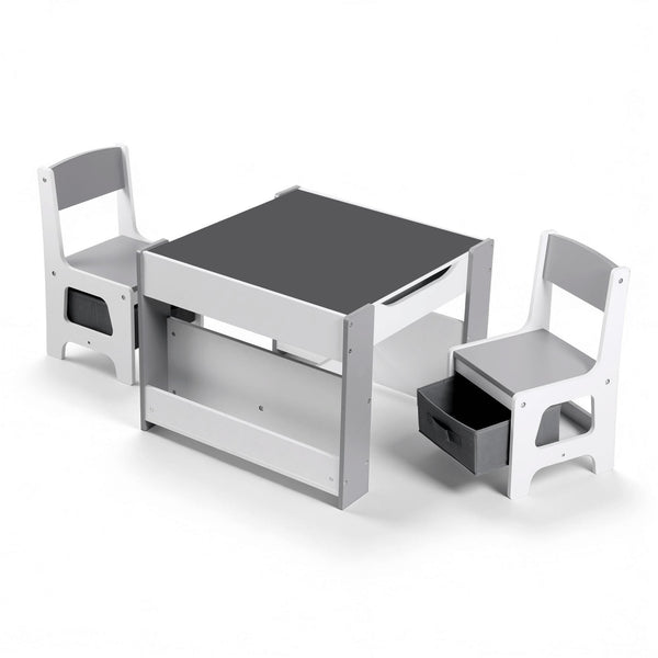 Keezi Kids Table and Chair Set, 4 in 1 Wooden Activity Table with Bookcase, Storage Box and Detachable Blackboard, Toddler Table and 2 Chairs Set, Grey Awezingly