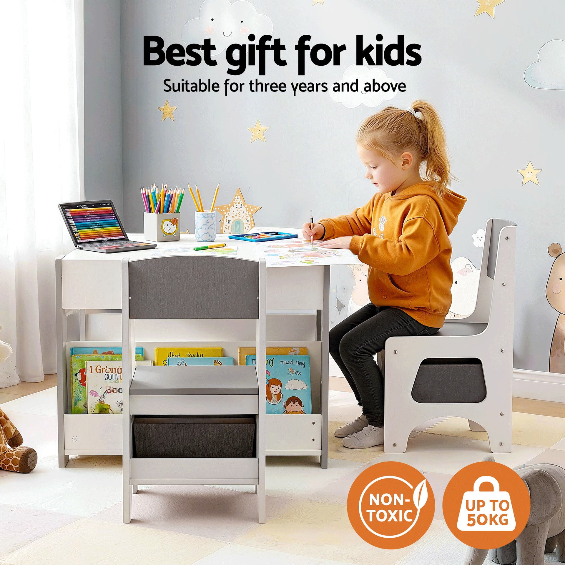 Keezi Kids Table and Chair Set, 4 in 1 Wooden Activity Table with Bookcase, Storage Box and Detachable Blackboard, Toddler Table and 2 Chairs Set, Grey Awezingly