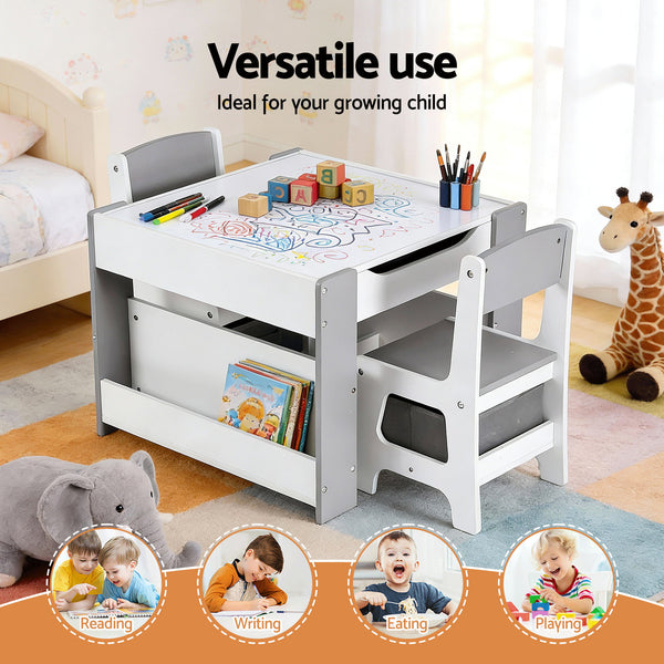 Keezi Kids Table and Chair Set, 4 in 1 Wooden Activity Table with Bookcase, Storage Box and Detachable Blackboard, Toddler Table and 2 Chairs Set, Grey Awezingly