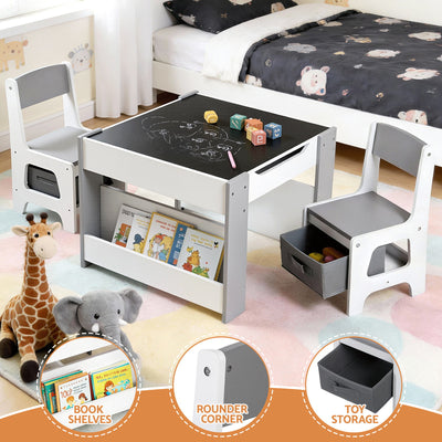 Keezi Kids Table and Chair Set, 4 in 1 Wooden Activity Table with Bookcase, Storage Box and Detachable Blackboard, Toddler Table and 2 Chairs Set, Grey