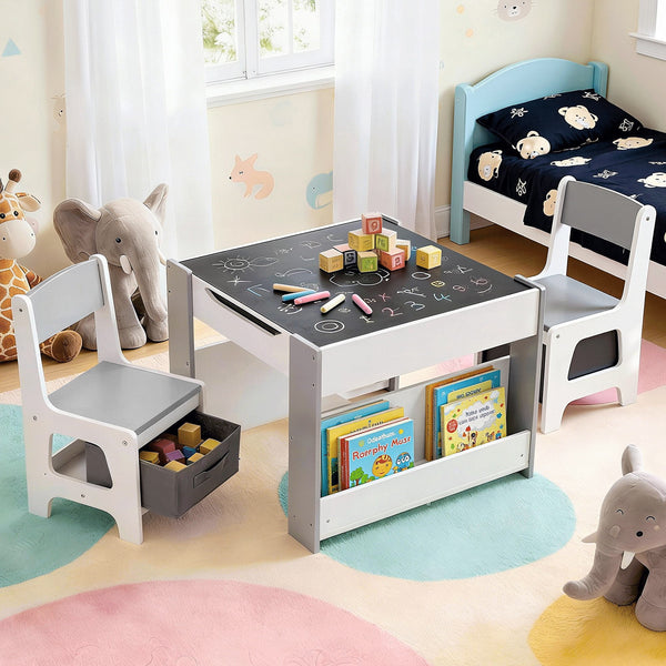 Keezi Kids Table and Chair Set, 4 in 1 Wooden Activity Table with Bookcase, Storage Box and Detachable Blackboard, Toddler Table and 2 Chairs Set, Grey Awezingly