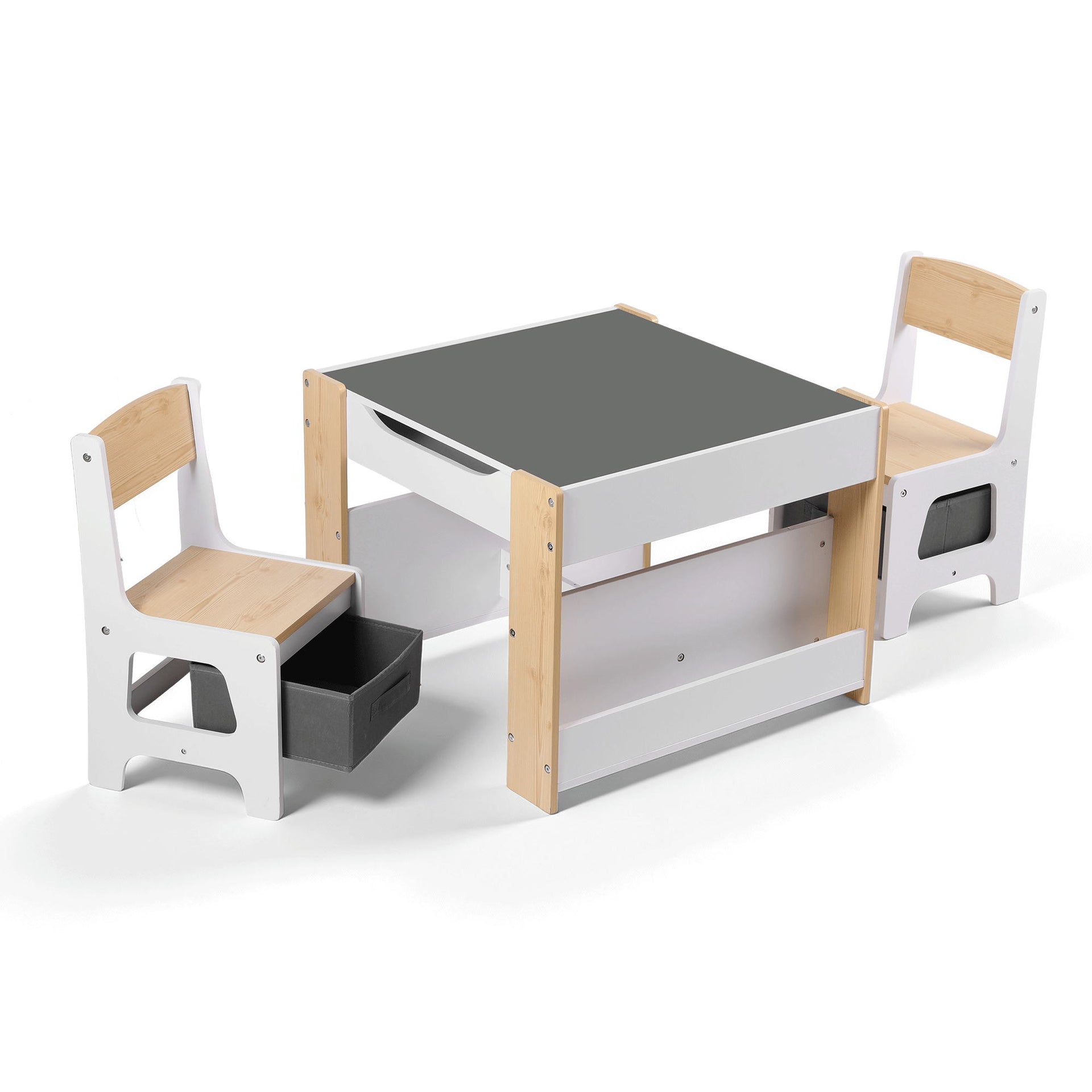 Keezi Kids Table and Chair Set, 4 in 1 Wooden Activity Table with Bookcase, Storage Box and Detachable Blackboard, Toddler Table and 2 Chairs Set, Natural Awezingly