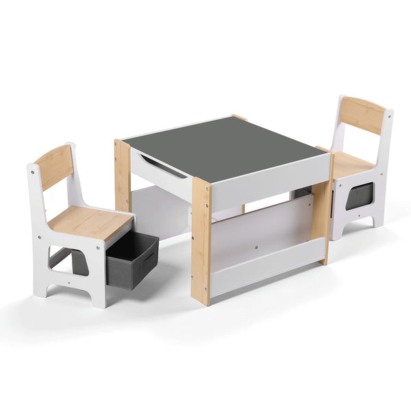 Keezi Kids Table and Chair Set, 4 in 1 Wooden Activity Table with Bookcase, Storage Box and Detachable Blackboard, Toddler Table and 2 Chairs Set, Natural Awezingly