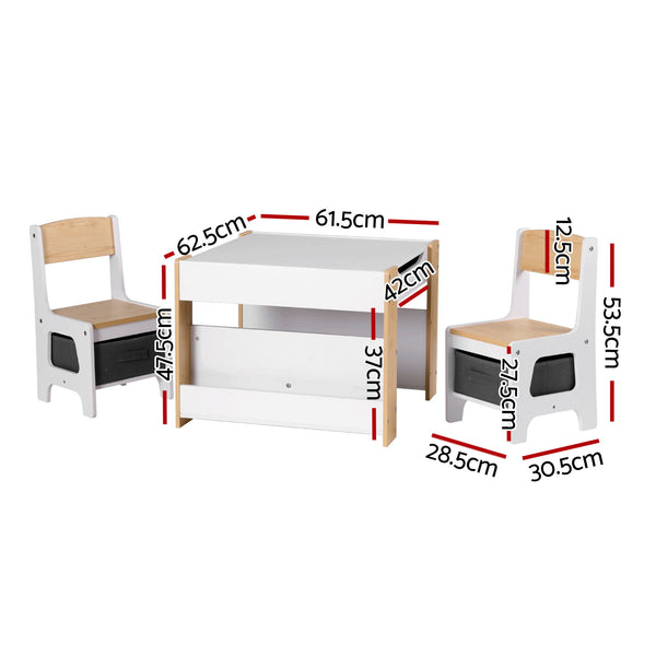 Keezi Kids Table and Chair Set, 4 in 1 Wooden Activity Table with Bookcase, Storage Box and Detachable Blackboard, Toddler Table and 2 Chairs Set, Natural Awezingly