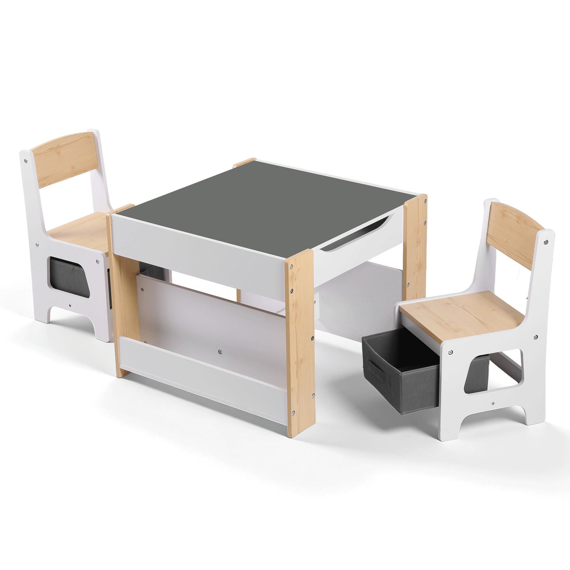 Keezi Kids Table and Chair Set, 4 in 1 Wooden Activity Table with Bookcase, Storage Box and Detachable Blackboard, Toddler Table and 2 Chairs Set, Natural Awezingly