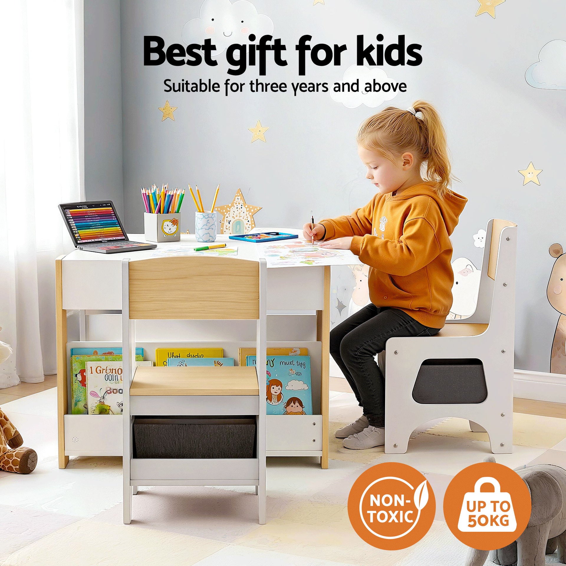 Keezi Kids Table and Chair Set, 4 in 1 Wooden Activity Table with Bookcase, Storage Box and Detachable Blackboard, Toddler Table and 2 Chairs Set, Natural Awezingly