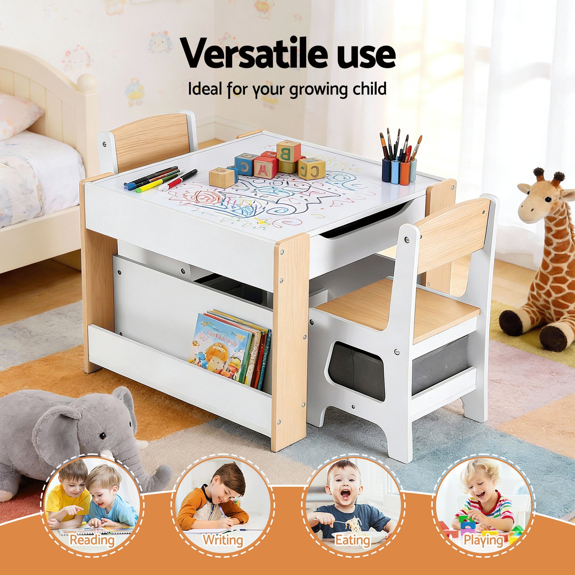 Keezi Kids Table and Chair Set, 4 in 1 Wooden Activity Table with Bookcase, Storage Box and Detachable Blackboard, Toddler Table and 2 Chairs Set, Natural Awezingly