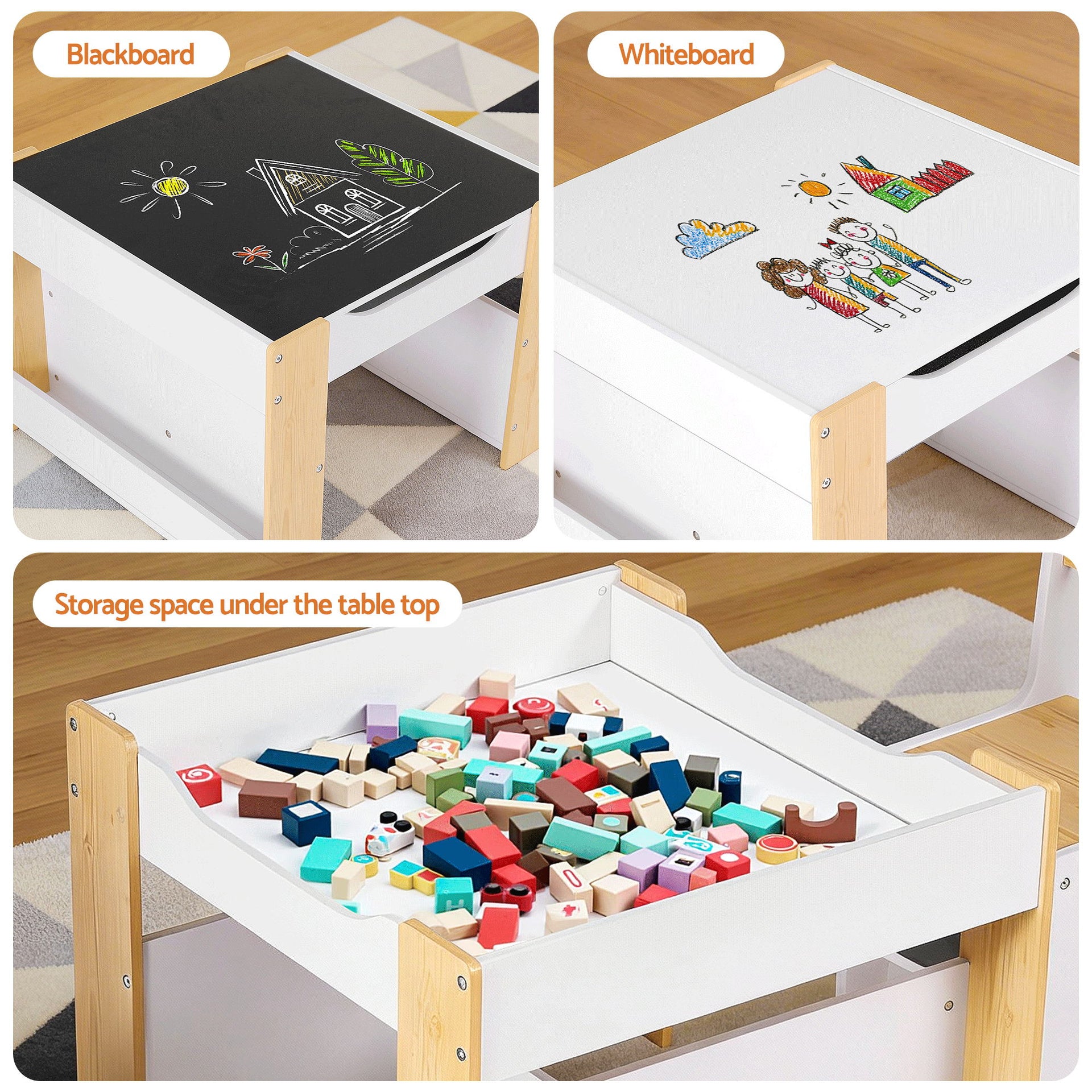 Keezi Kids Table and Chair Set, 4 in 1 Wooden Activity Table with Bookcase, Storage Box and Detachable Blackboard, Toddler Table and 2 Chairs Set, Natural Awezingly