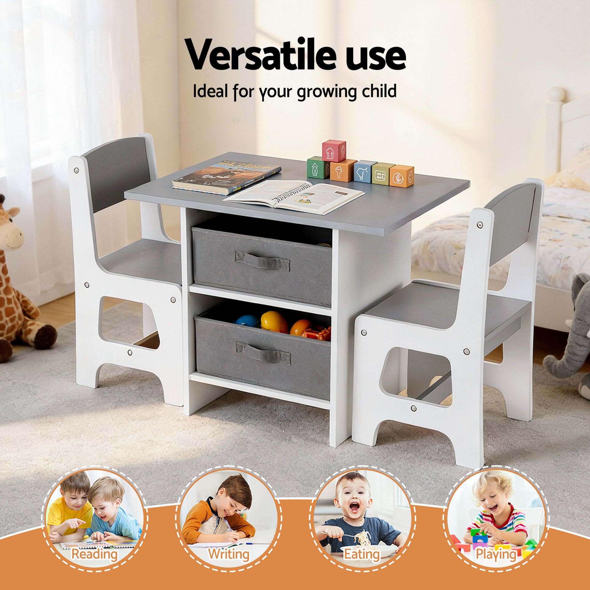 Keezi Kids Table and 2 Chairs Set Wooden Activity Table wit 2 Storage Drawers, Toddler Table and Chair Set for Children Drawing, Reading, Crafts, Eating, Grey Awezingly