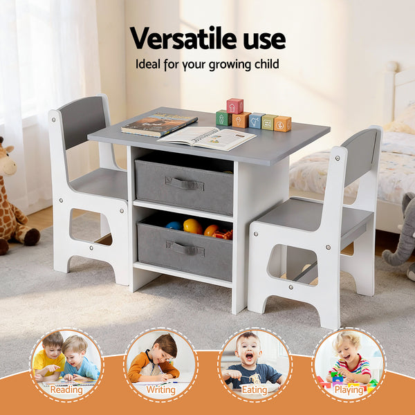 Keezi Kids Table and 2 Chairs Set Wooden Activity Table wit 2 Storage Drawers, Toddler Table and Chair Set for Children Drawing, Reading, Crafts, Eating, Grey Awezingly