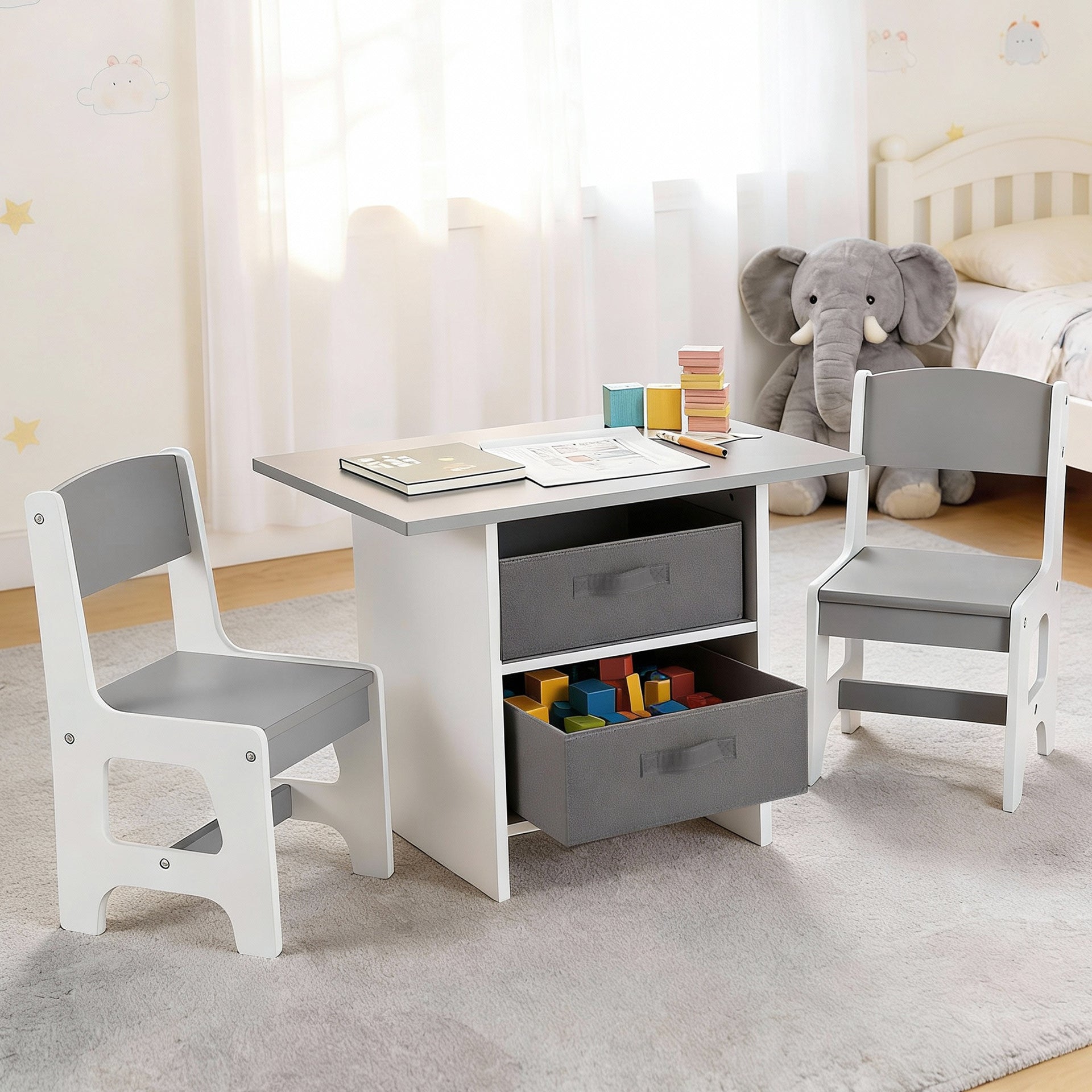 Keezi Kids Table and 2 Chairs Set Wooden Activity Table wit 2 Storage Drawers, Toddler Table and Chair Set for Children Drawing, Reading, Crafts, Eating, Grey Awezingly