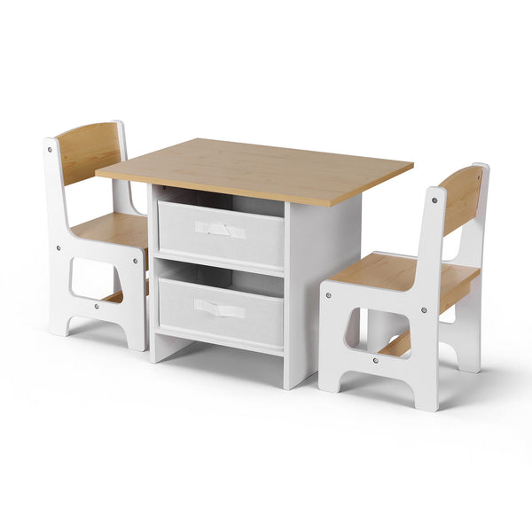 Keezi Kids Table and 2 Chairs Set Wooden Activity Table wit 2 Storage Drawers, Toddler Table and Chair Set for Children Drawing, Reading, Crafts, Eating, Natural Awezingly