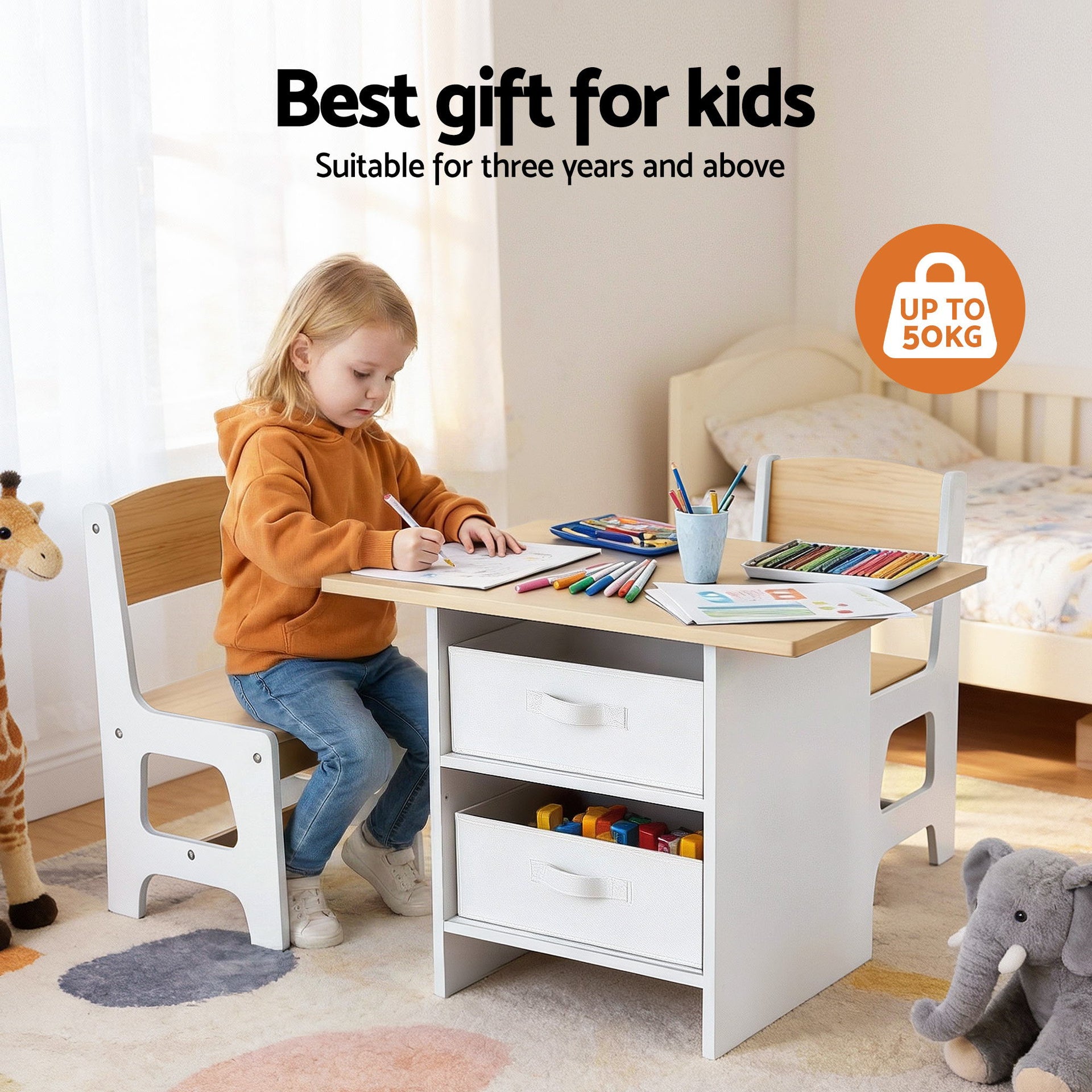 Keezi Kids Table and 2 Chairs Set Wooden Activity Table wit 2 Storage Drawers, Toddler Table and Chair Set for Children Drawing, Reading, Crafts, Eating, Natural Awezingly