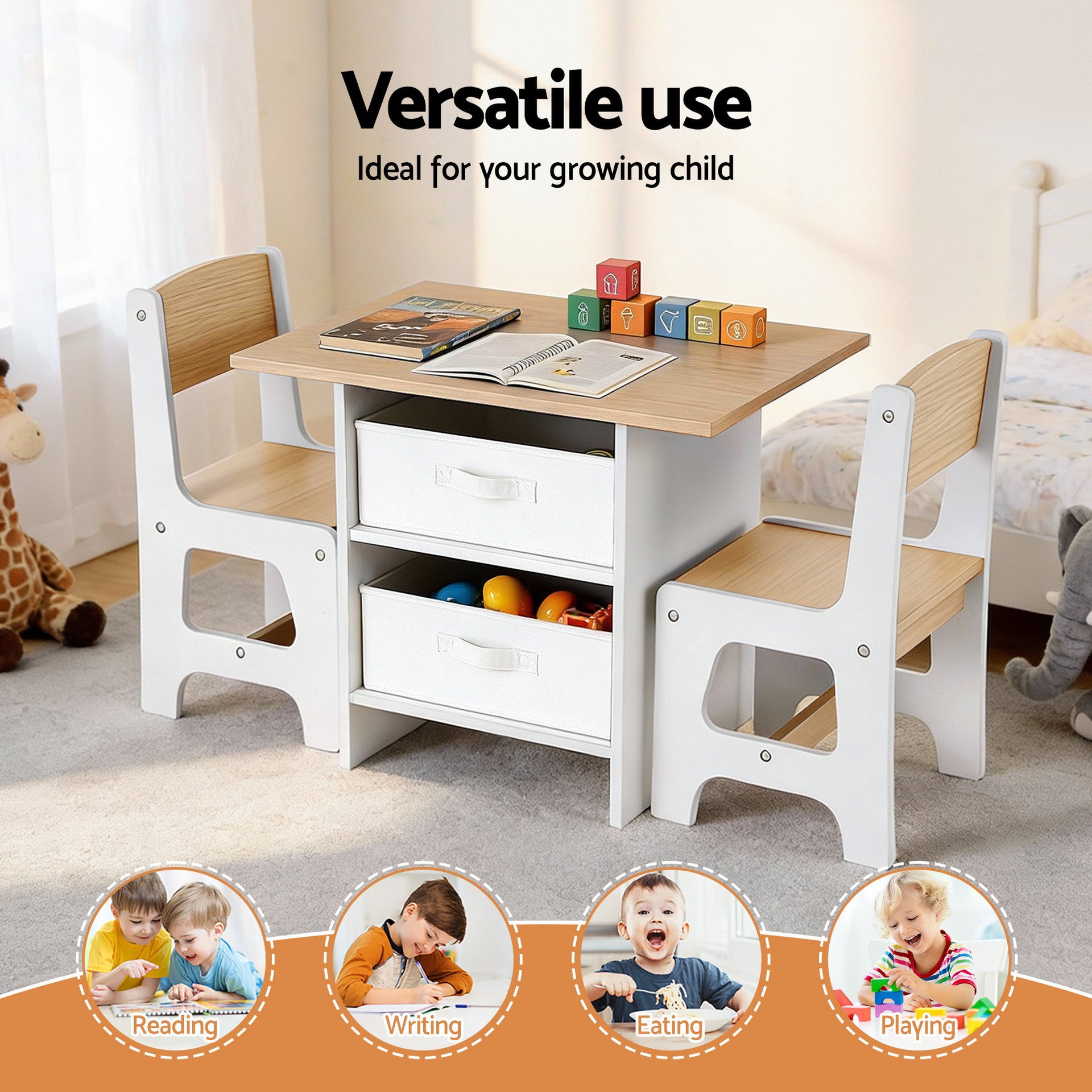 Keezi Kids Table and 2 Chairs Set Wooden Activity Table wit 2 Storage Drawers, Toddler Table and Chair Set for Children Drawing, Reading, Crafts, Eating, Natural Awezingly