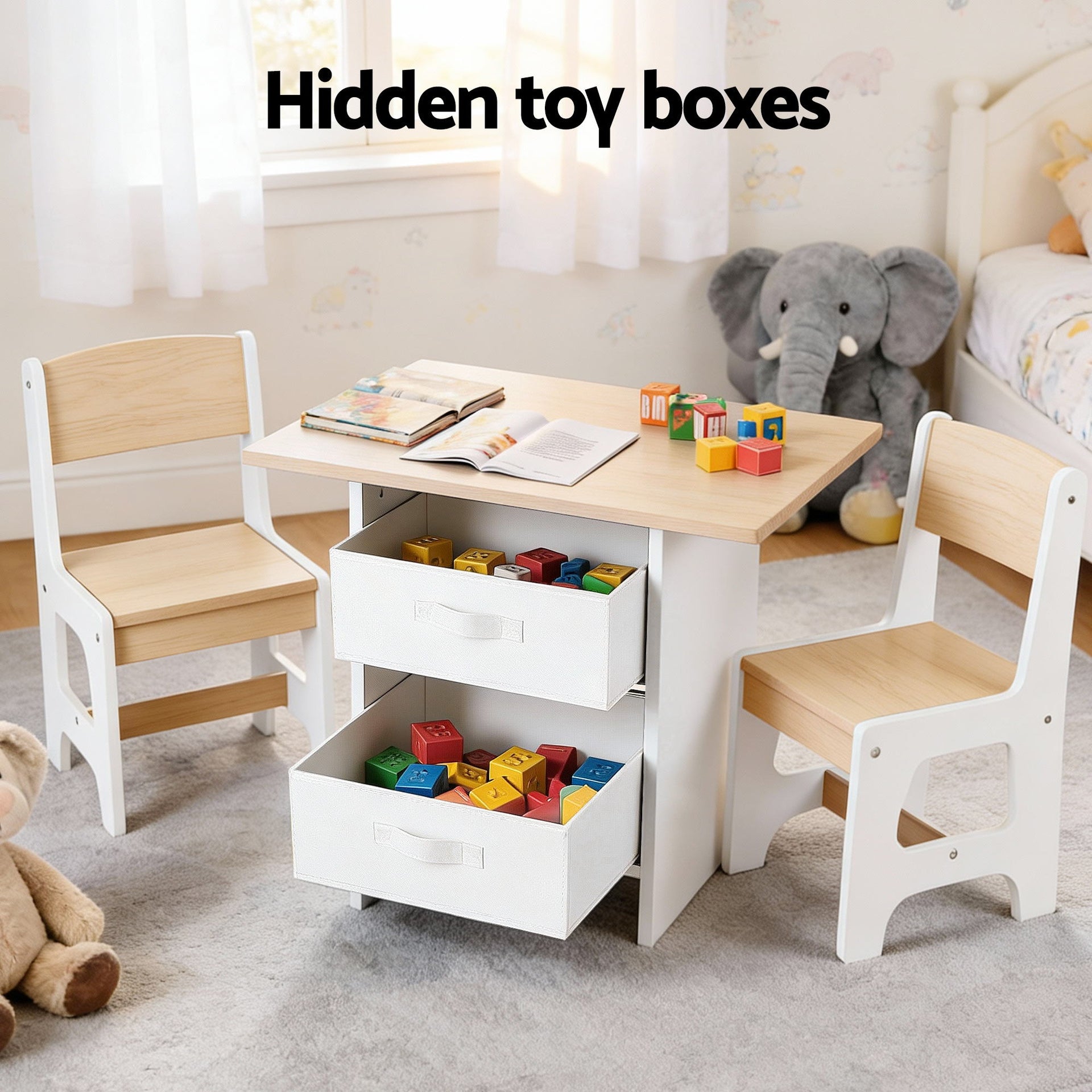 Keezi Kids Table and 2 Chairs Set Wooden Activity Table wit 2 Storage Drawers, Toddler Table and Chair Set for Children Drawing, Reading, Crafts, Eating, Natural Awezingly