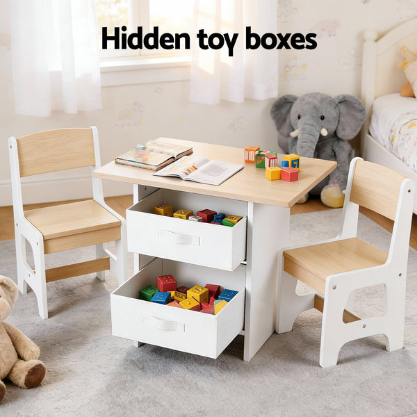 Keezi Kids Table and 2 Chairs Set Wooden Activity Table wit 2 Storage Drawers, Toddler Table and Chair Set for Children Drawing, Reading, Crafts, Eating, Natural Awezingly