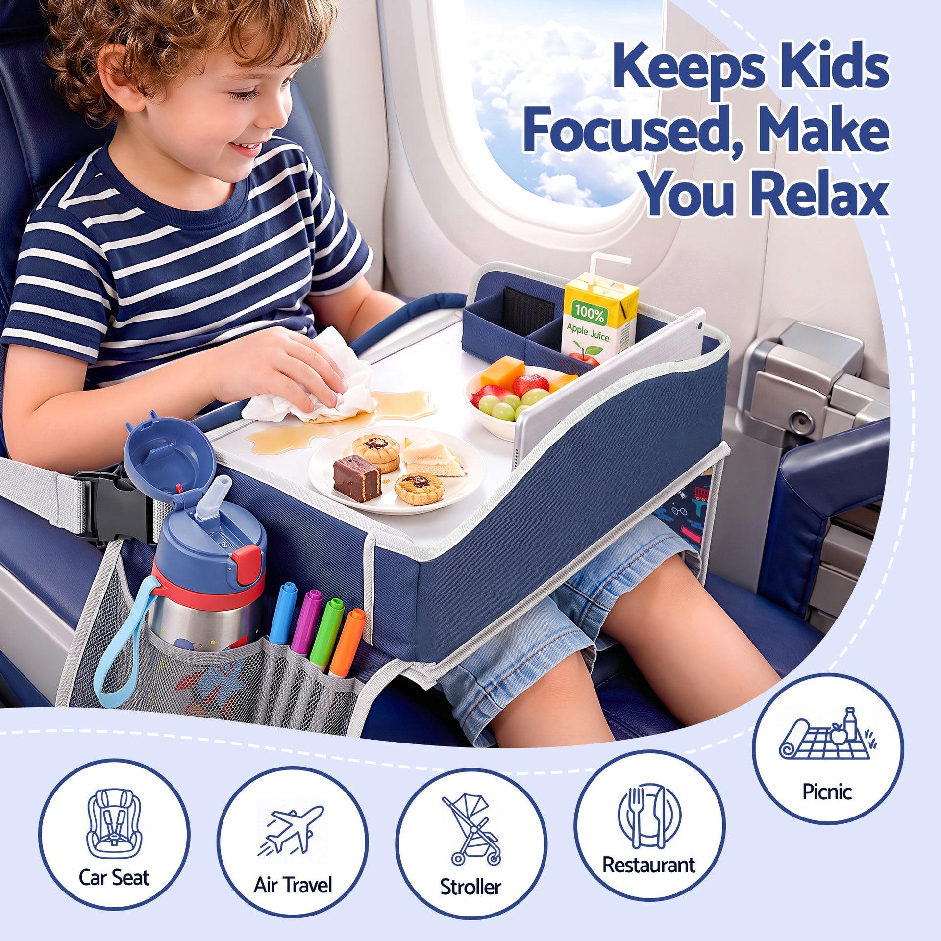 Keezi Kids Travel Tray Car Seat Lap Desk Portable Car Desk Organiser for Car & Airplane Blue Awezingly
