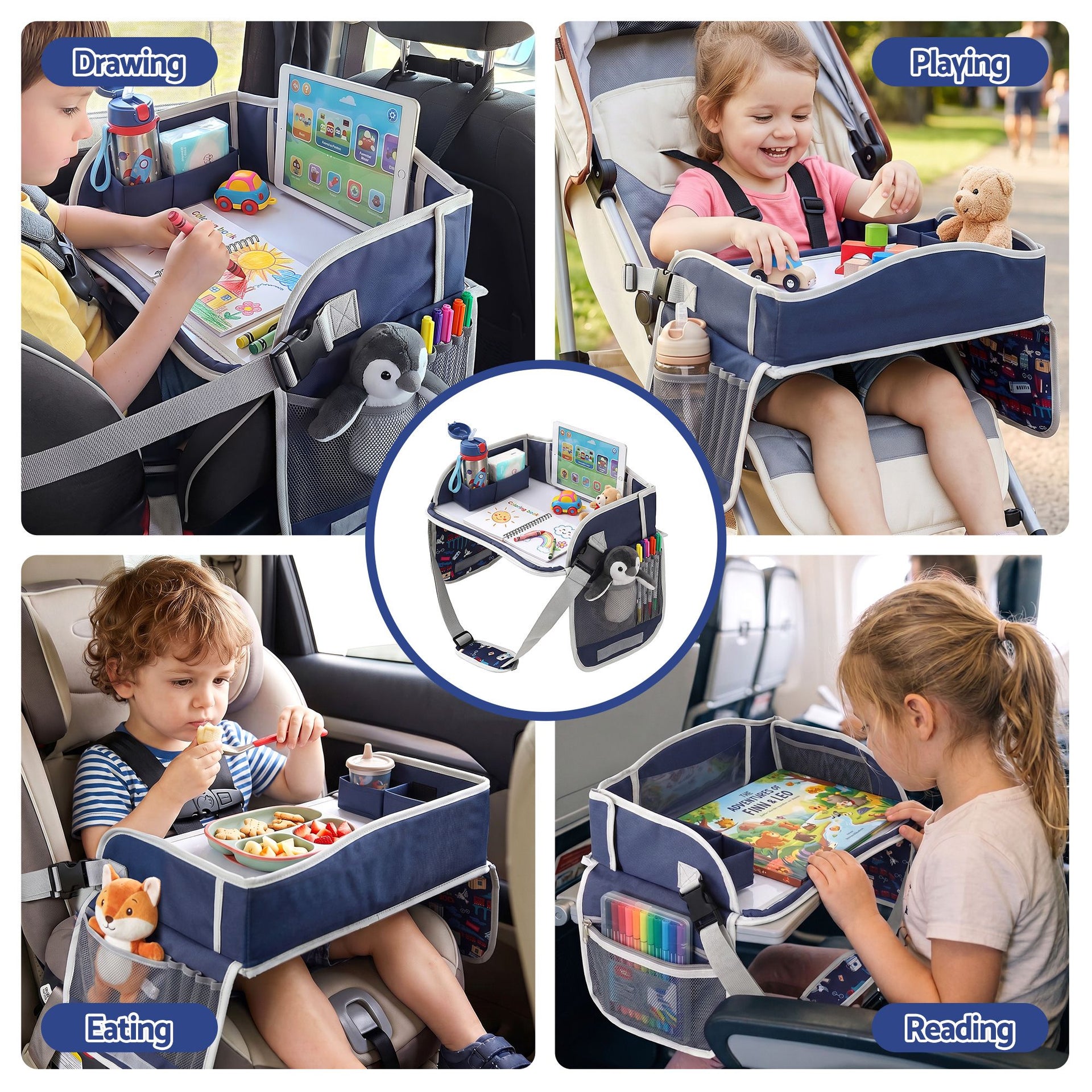 Keezi Kids Travel Tray Car Seat Lap Desk Portable Car Desk Organiser for Car & Airplane Blue Awezingly