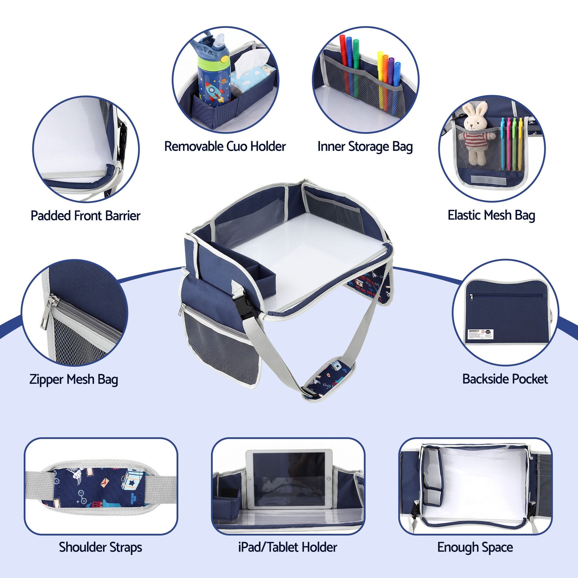 Keezi Kids Travel Tray Car Seat Lap Desk Portable Car Desk Organiser for Car & Airplane Blue Awezingly