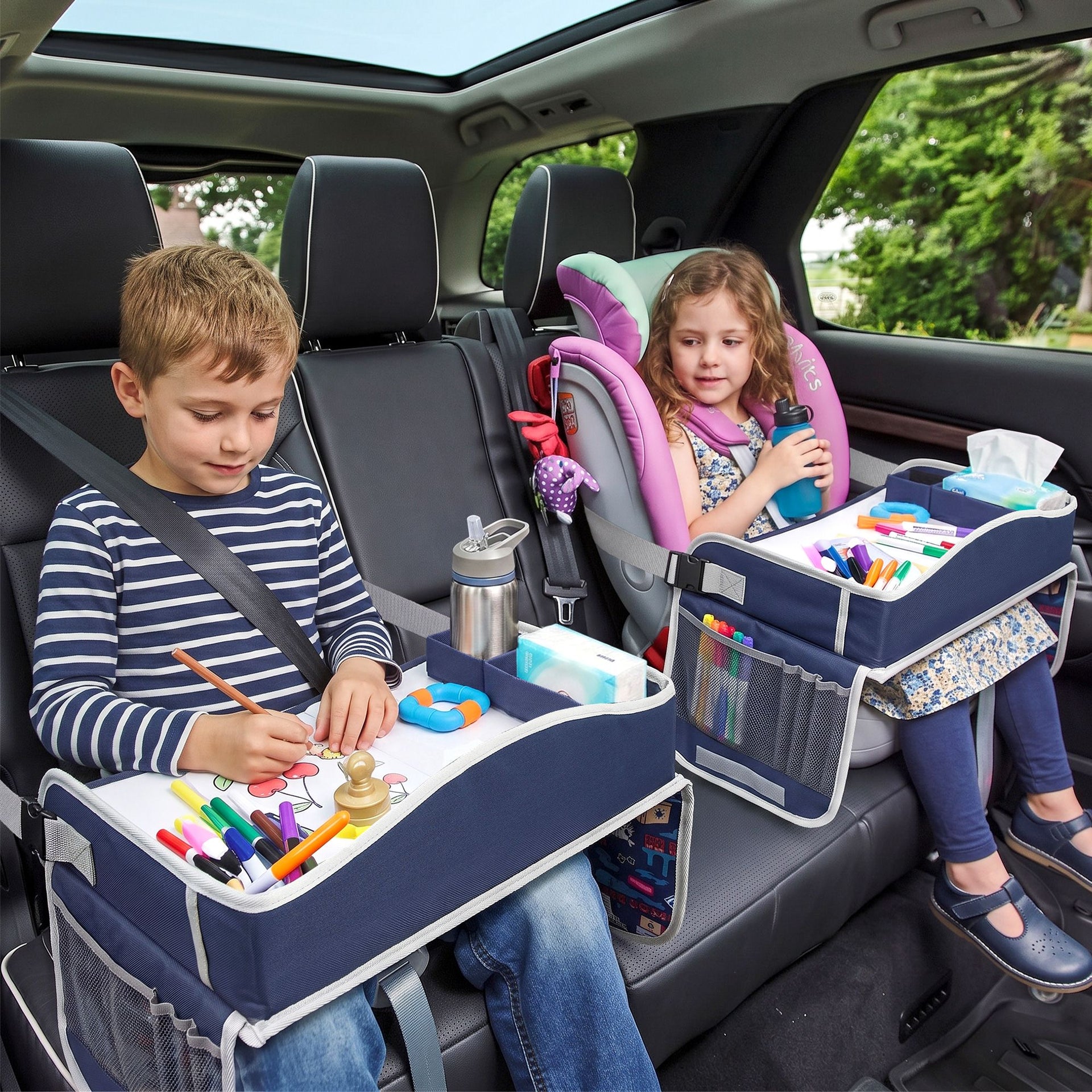Keezi Kids Travel Tray Car Seat Lap Desk Portable Car Desk Organiser for Car & Airplane Blue Awezingly
