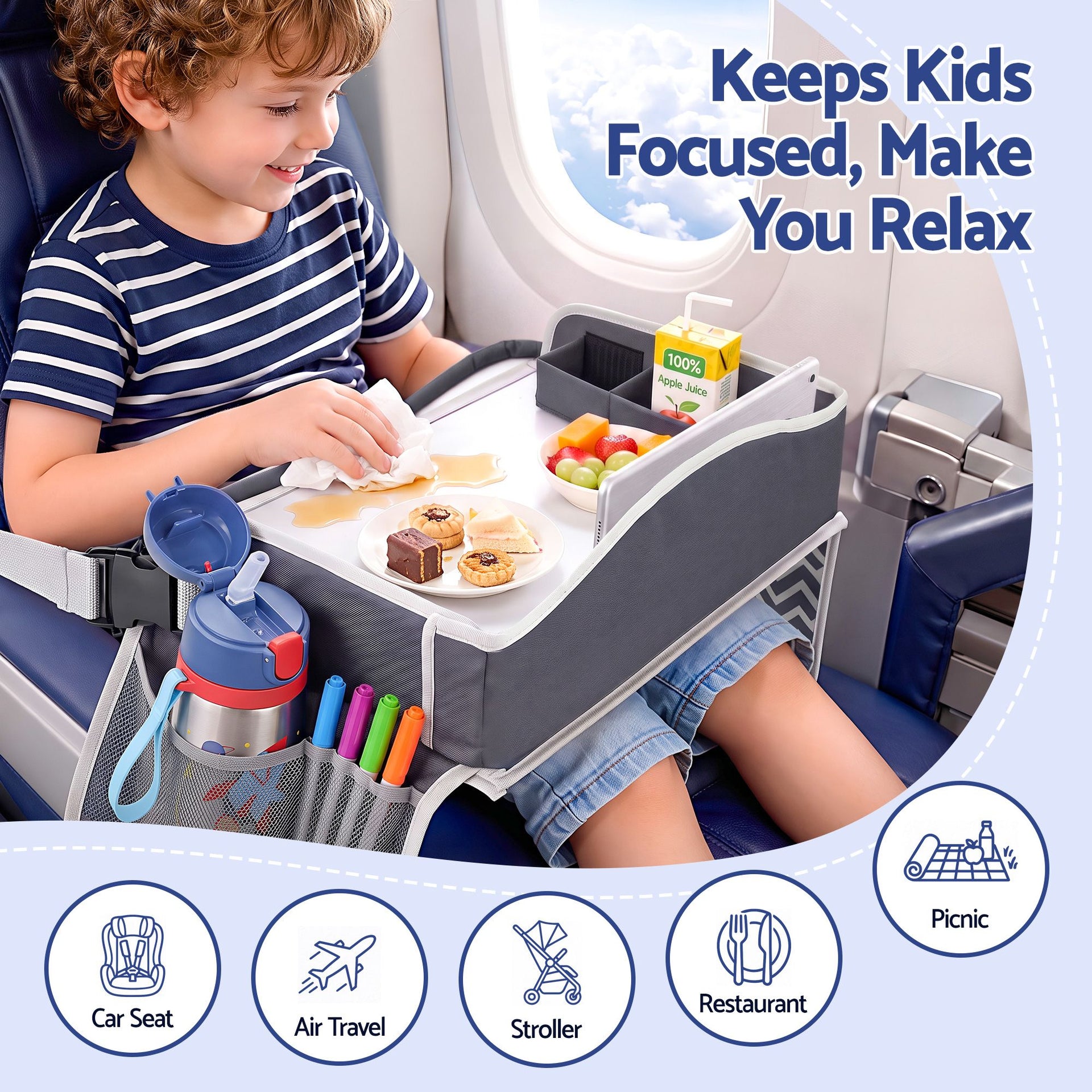 Keezi Kids Travel Tray Car Seat Lap Desk Portable Car Desk Organiser for Car & Airplane Grey Awezingly