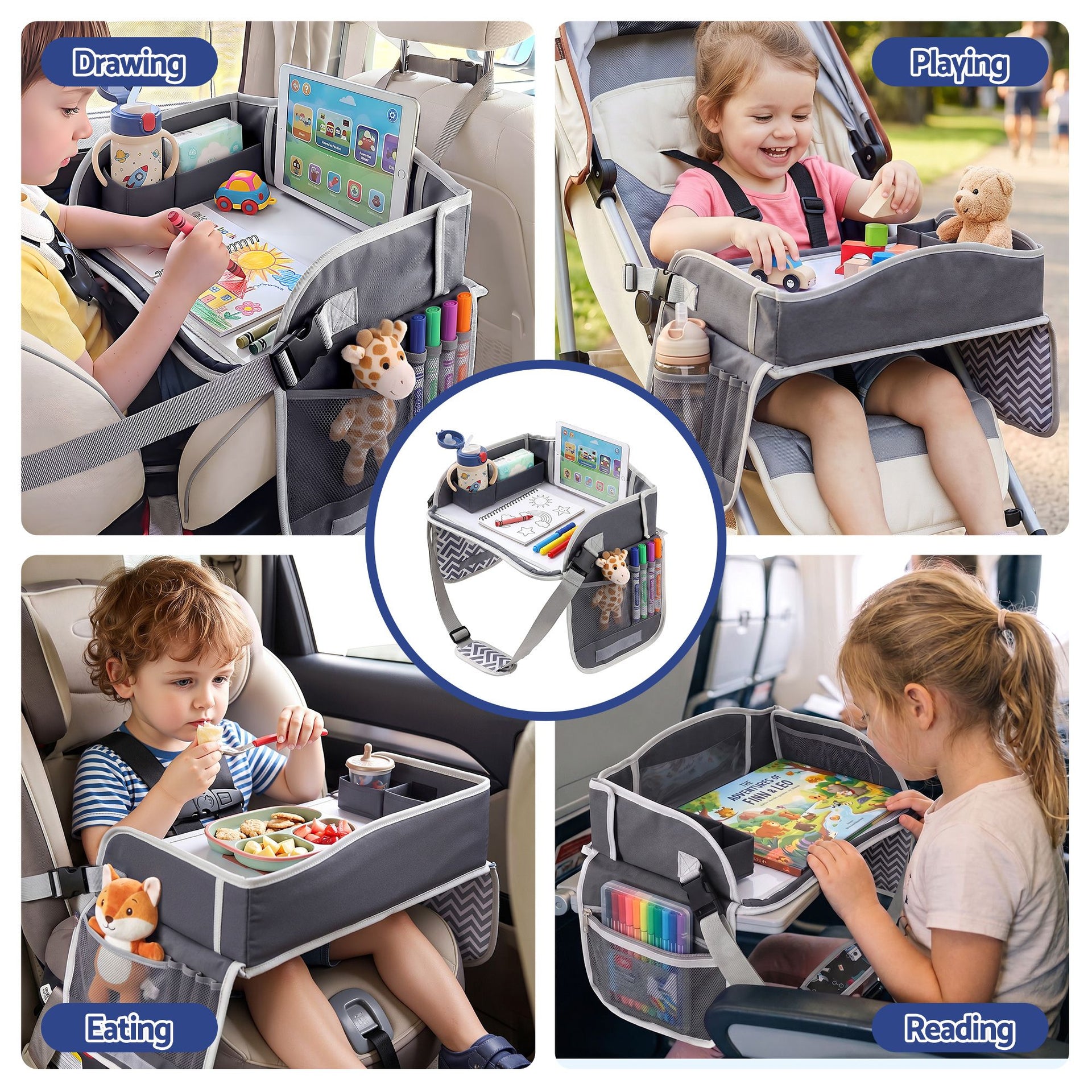 Keezi Kids Travel Tray Car Seat Lap Desk Portable Car Desk Organiser for Car & Airplane Grey Awezingly