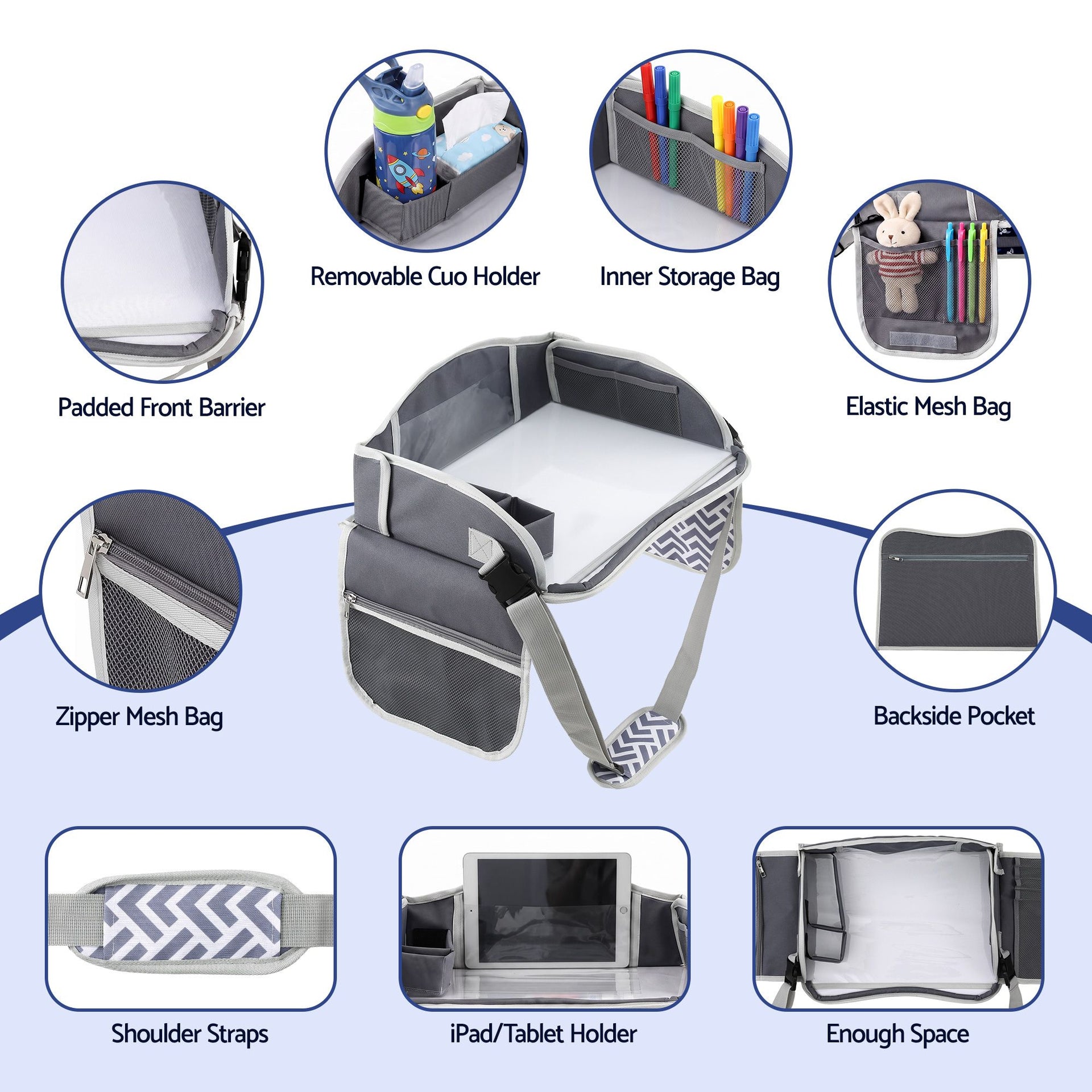 Keezi Kids Travel Tray Car Seat Lap Desk Portable Car Desk Organiser for Car & Airplane Grey Awezingly