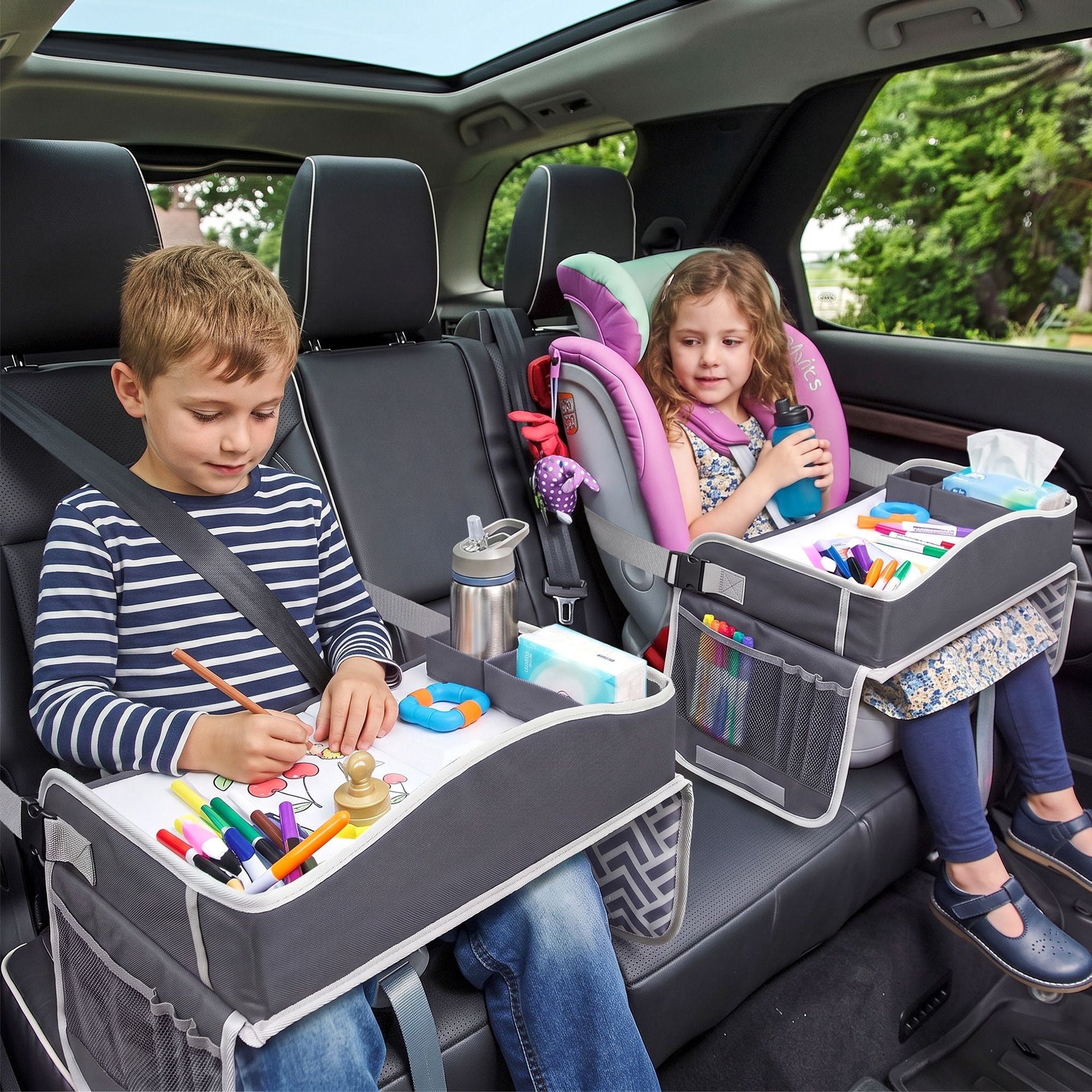 Keezi Kids Travel Tray Car Seat Lap Desk Portable Car Desk Organiser for Car & Airplane Grey Awezingly
